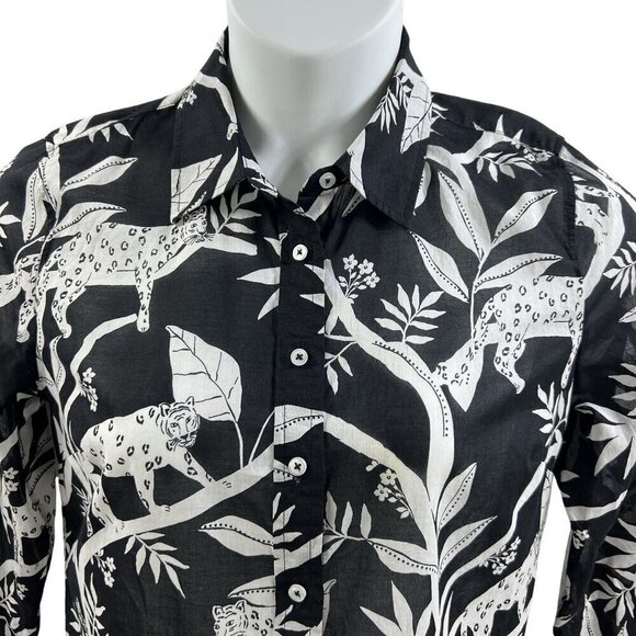 Talbots M Shirt Tropical Panther Jungle Cat Print Sheer Blouse Black White Top - Picture 2 of 11
